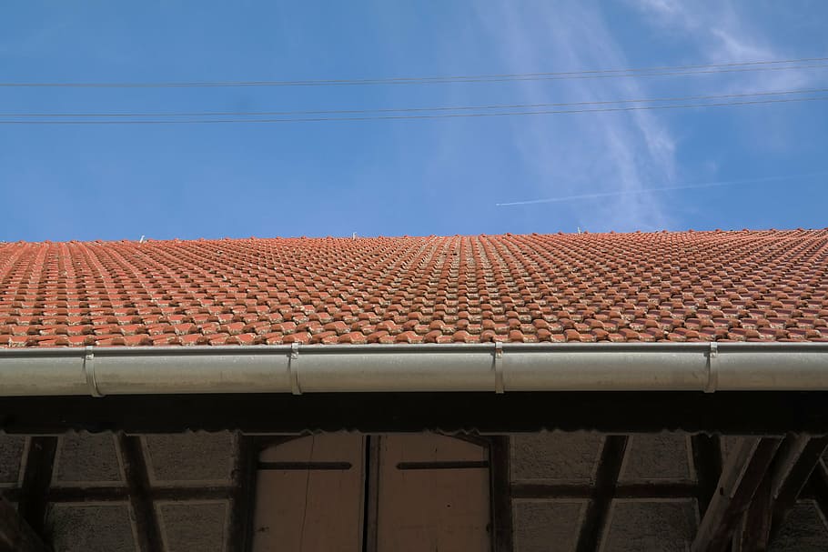 orange roof shingles under blue skies at daytime, roofing, gutter, HD wallpaper