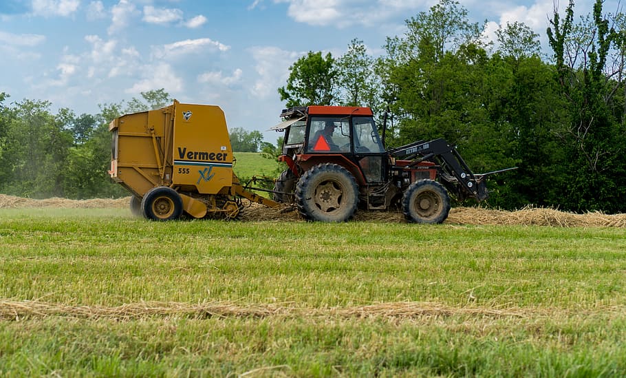 farming, tractor, hay, summer, work, transportation, land vehicle HD wallpaper