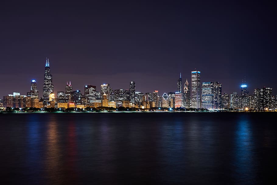 The City of Chicago by night, urban, urban Skyline, cityscape, HD wallpaper