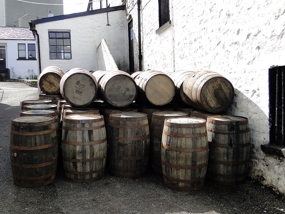 whiskey barrels, wooden barrels, whisky, islay, scotland, alcohol