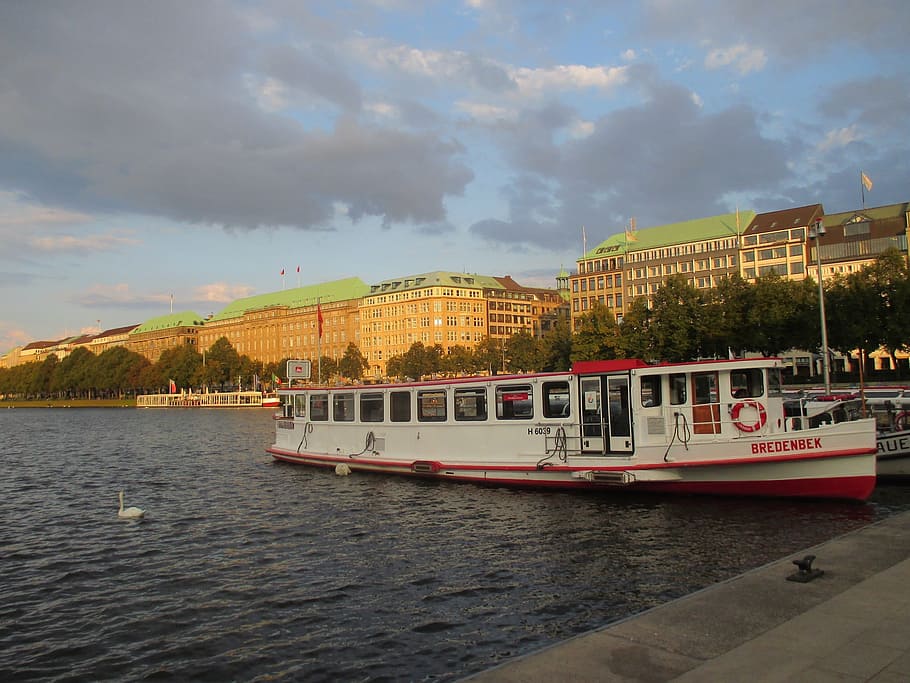 hamburg, innenalster, white fleet, promising steamer, abendstimmung, HD wallpaper