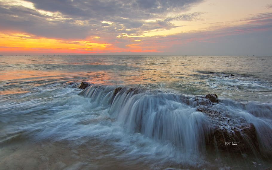 sea, dawn, nature, sky, beach, clouds, dusk, idyllic, island HD wallpaper