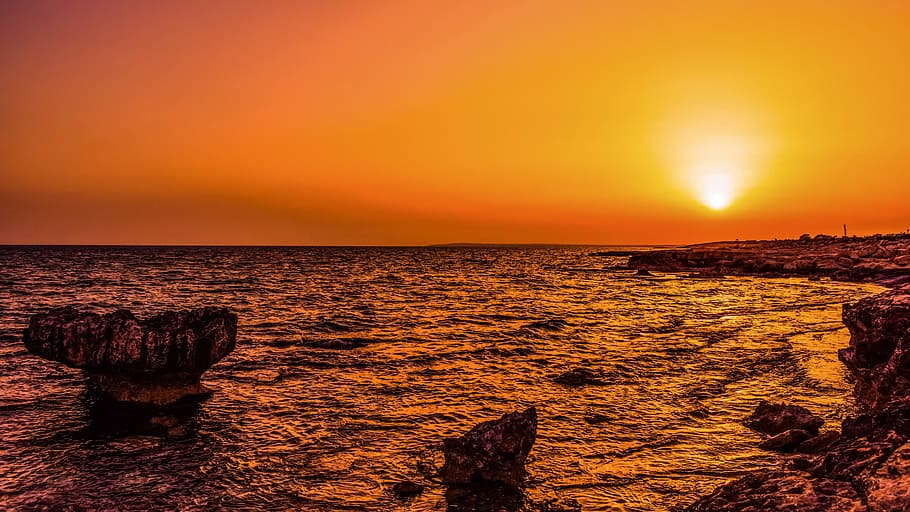 sea, dawn, nature, sky, backlit, beach, cyprus, dusk, evening HD wallpaper