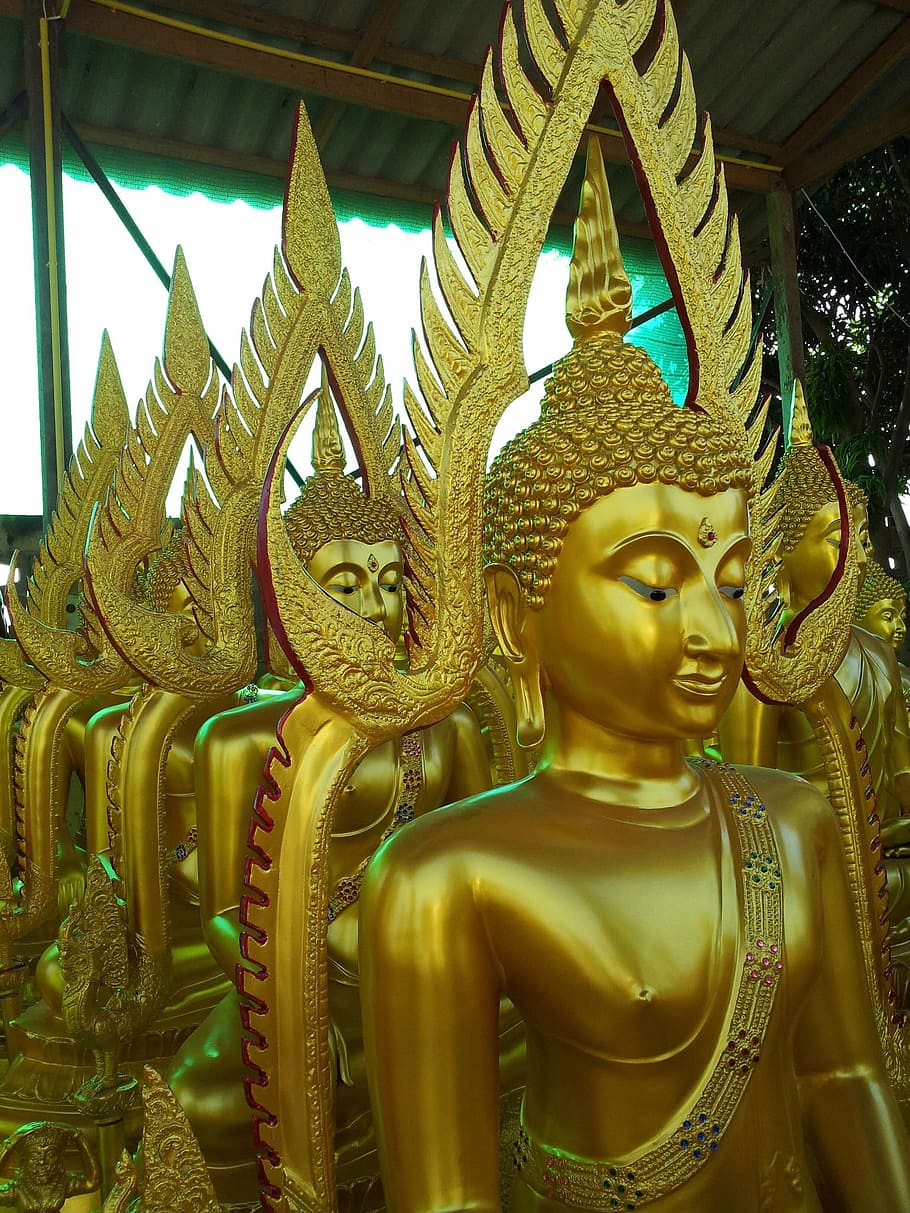 golden, buddha statue, sculpture, art and craft, belief, religion HD wallpaper