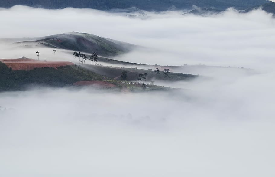 top view mountain with sea of clouds, aerial photography of mountain HD wallpaper