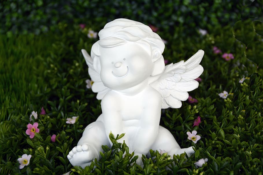 white cherub figurine, angel, guardian angel, wing, satisfied, HD wallpaper