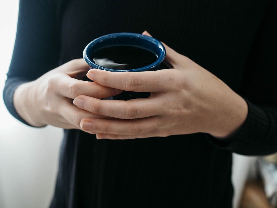 person holding blue cup near white wall, hand, mug, drink, human hand HD wallpaper