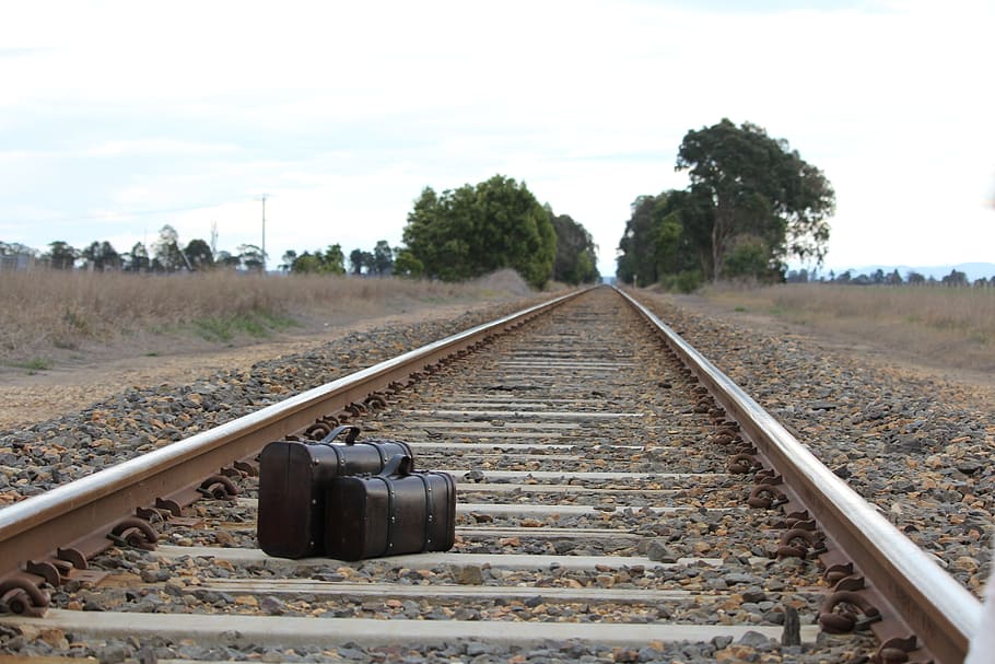 suitcase, cases, train, tracks, railway, rail transportation HD wallpaper