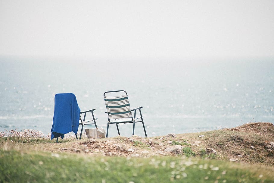 two white chairs overlooking sea, ocean, view, sky, clouds HD wallpaper