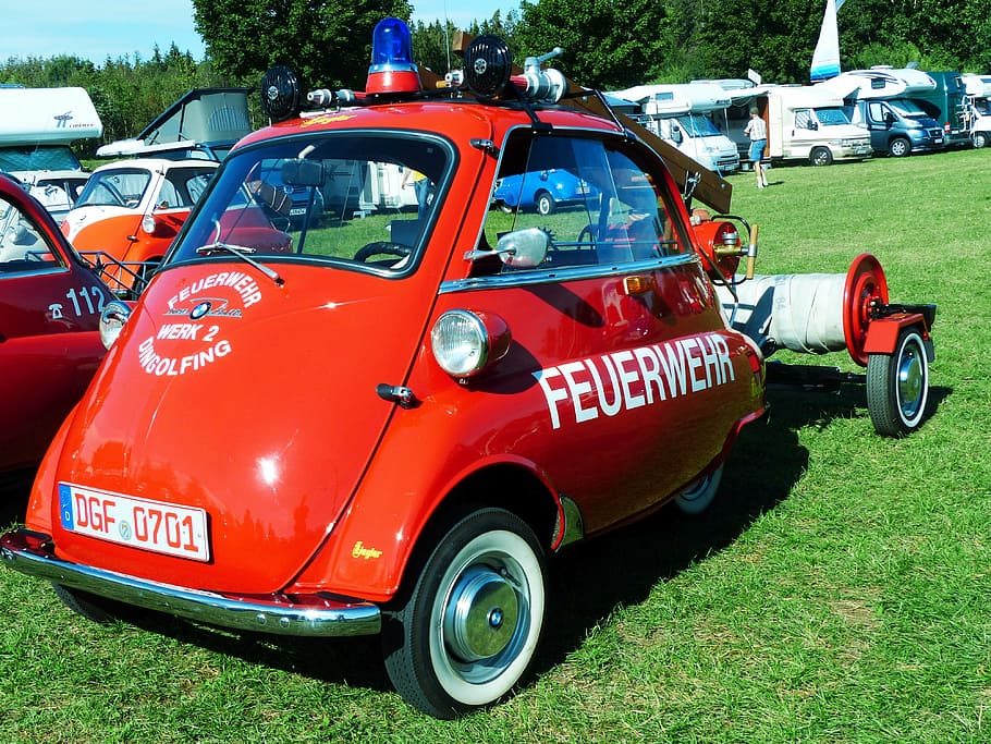 red classic BMW fire department compact car on display, isetta HD wallpaper