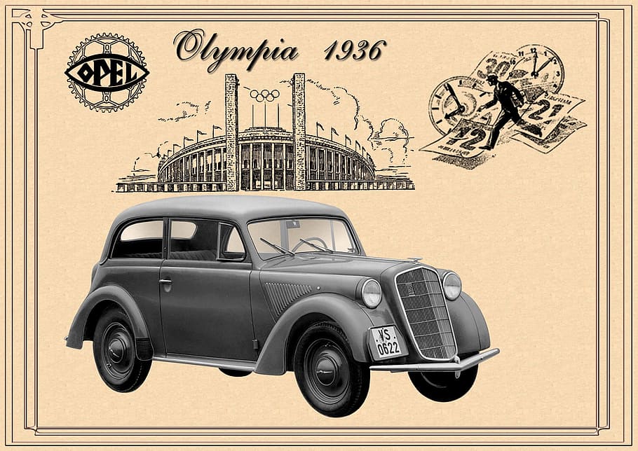 gray Olympia 1936 car, opel, 1935-1937, old original advertising