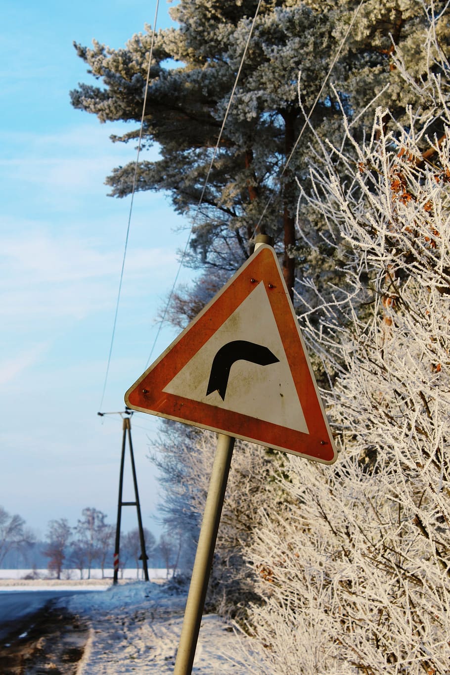 street sign, traffic order, wintry, winter, landscape, snow HD wallpaper