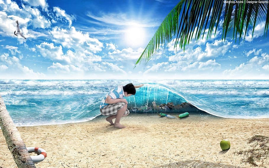 man holding ocean waves edited photo, beach, sol, leaf, pollution HD wallpaper