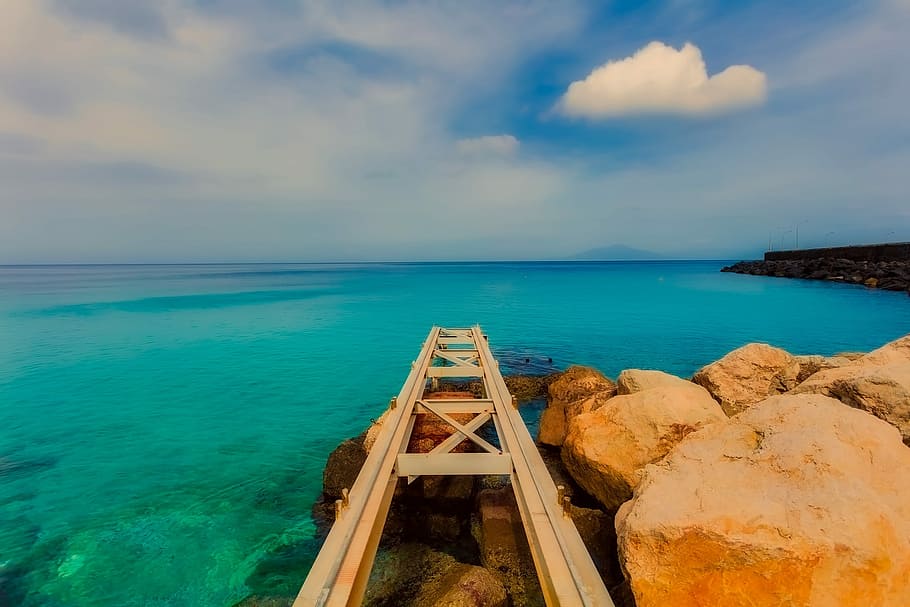 brown wooden frame, Capri, Italy, Clouds, Sea, Ocean, sky, rocks HD wallpaper