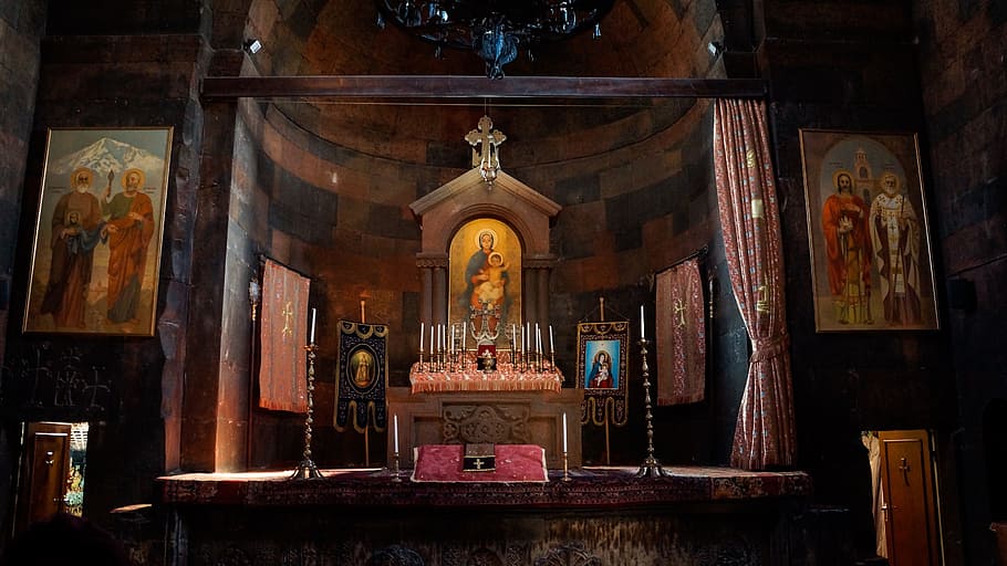 Church, Altar, Interior, Curtain, candles, khor virap, monastery, HD wallpaper