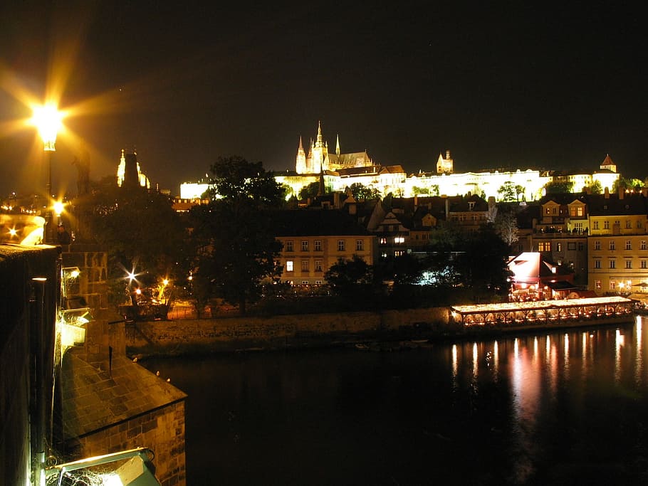 prague, praha, castle, night, night photo, lantern, wetława HD wallpaper