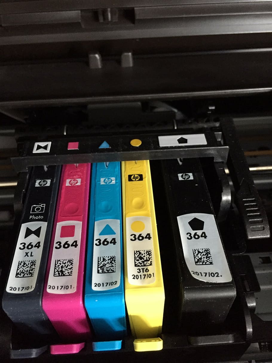 five HP print cartridges, printer, ink jet printer, inkjet, communication