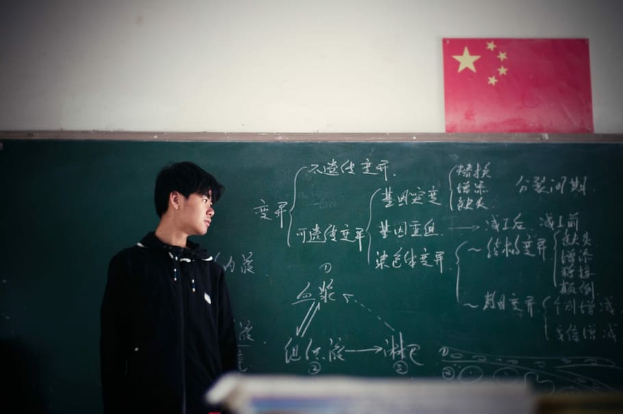Senior high school student, man standing near blackboard, person HD wallpaper