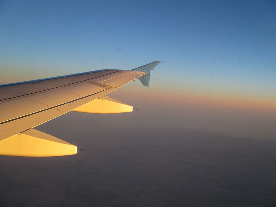 white plane wing, airplane, sky, flight, aircraft, transportation HD wallpaper