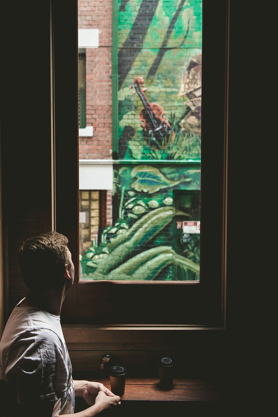 man looking outside window, man looking at window, wall, art HD wallpaper