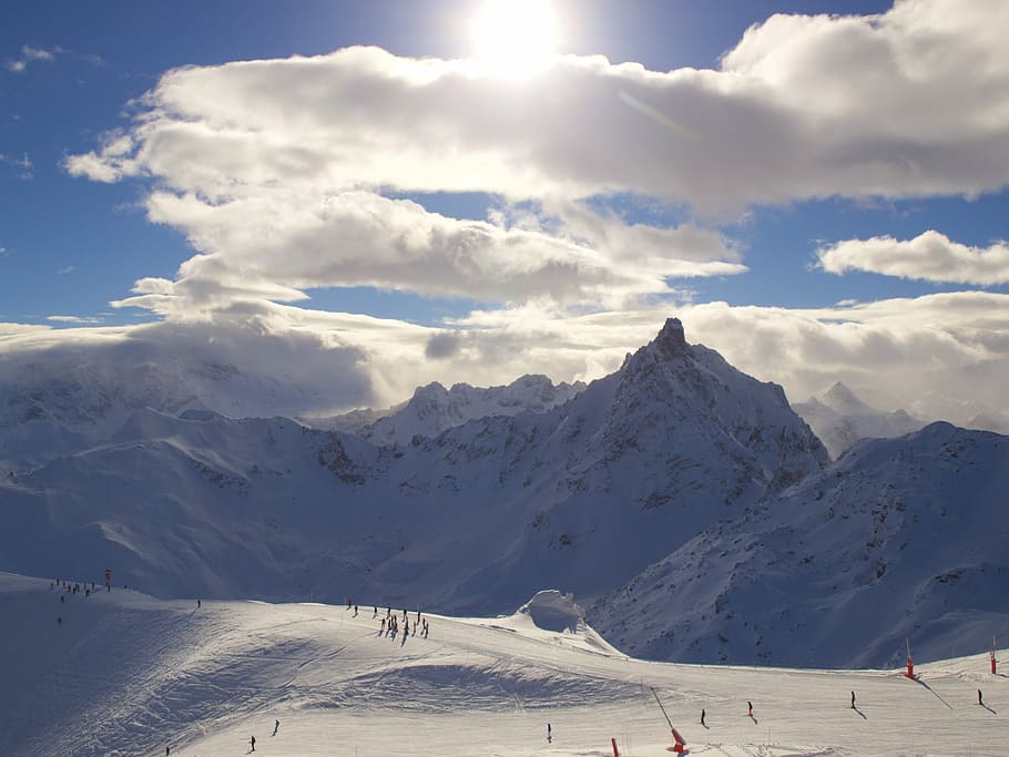 Mountains, Sun, Snow, Clouds, Alps, skiing, vertices, scenics HD wallpaper