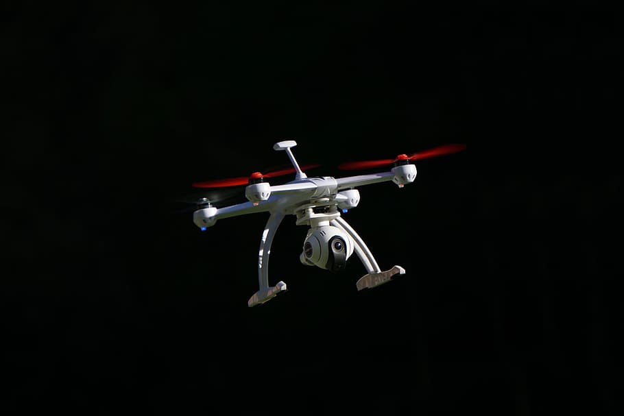 drone, quadrocopter, black background, flying machine, rc, model, HD wallpaper