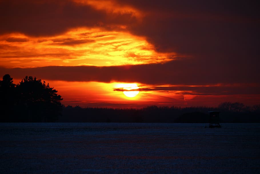 sunset, winter, snow, wintry, afterglow, nature, dusk, sky HD wallpaper