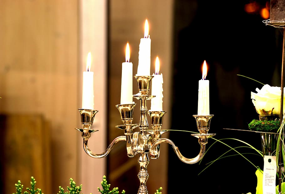 five white lighted candles on brown holder, candle holders HD wallpaper