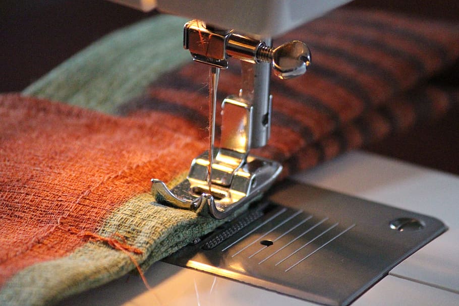 selective focus photography of sewing machine, fabric, hand labor, HD wallpaper