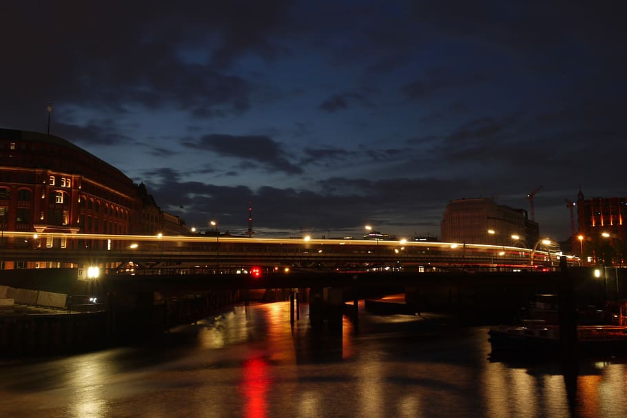 hamburg, night, water, train, lights, illuminated, architecture HD wallpaper