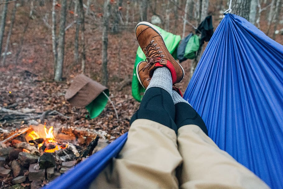 person lying on blue hammock, Arkansas, Winter, Adventure, Nature, HD wallpaper