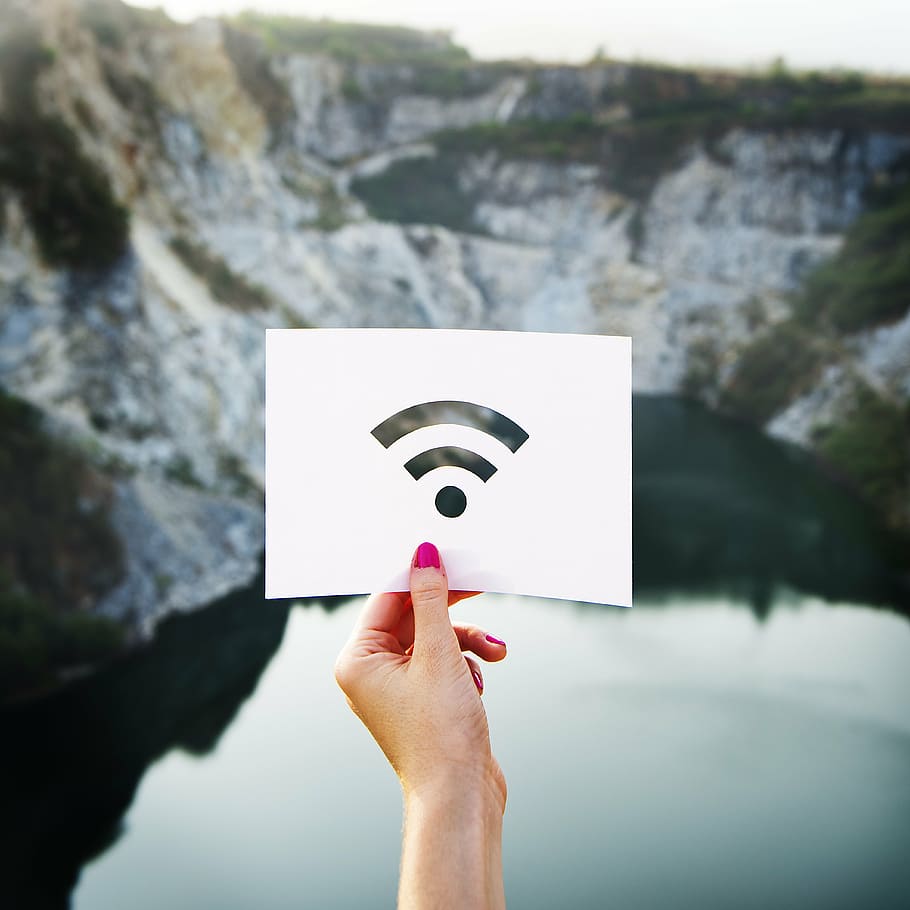 woman showing wifi logo, signal, travel, landscape, stencil, network, HD wallpaper