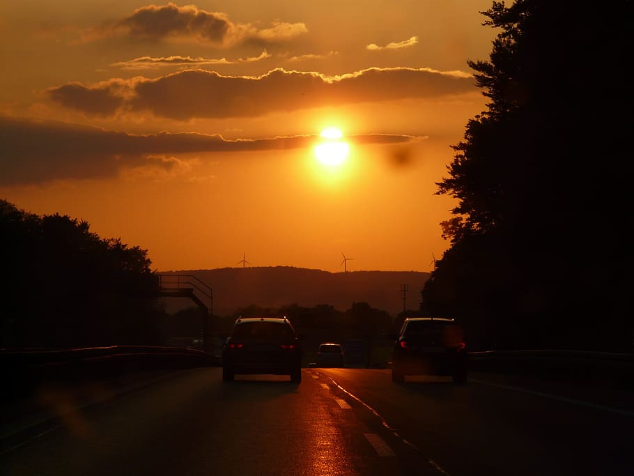 Sunset, Clouds, Afterglow, sky, drive, auto, travel, road, traffic HD wallpaper