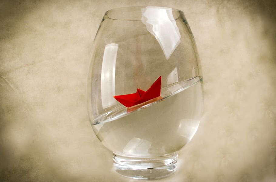 clear glass with red origami inside, ship, away, boat, vase HD wallpaper