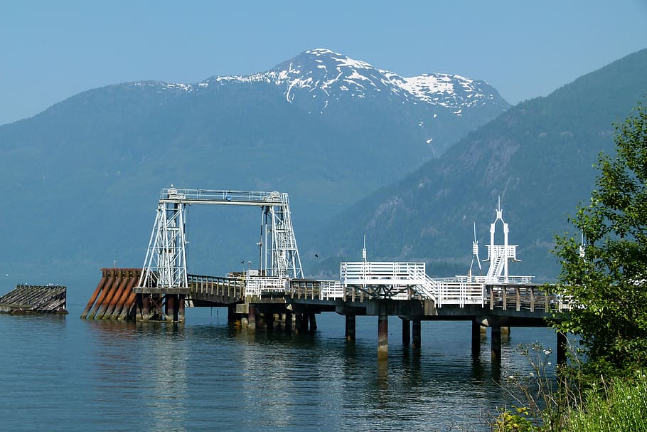 Pier, Mountains, Water, Pacific, snow caped, british columbia HD wallpaper