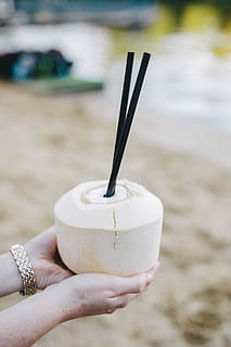 Female holding a fresh coconut, summer, fruit, holidays, vacations HD wallpaper