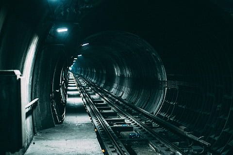 train tunnel with white LED lights, dark, railroad, railway HD wallpaper
