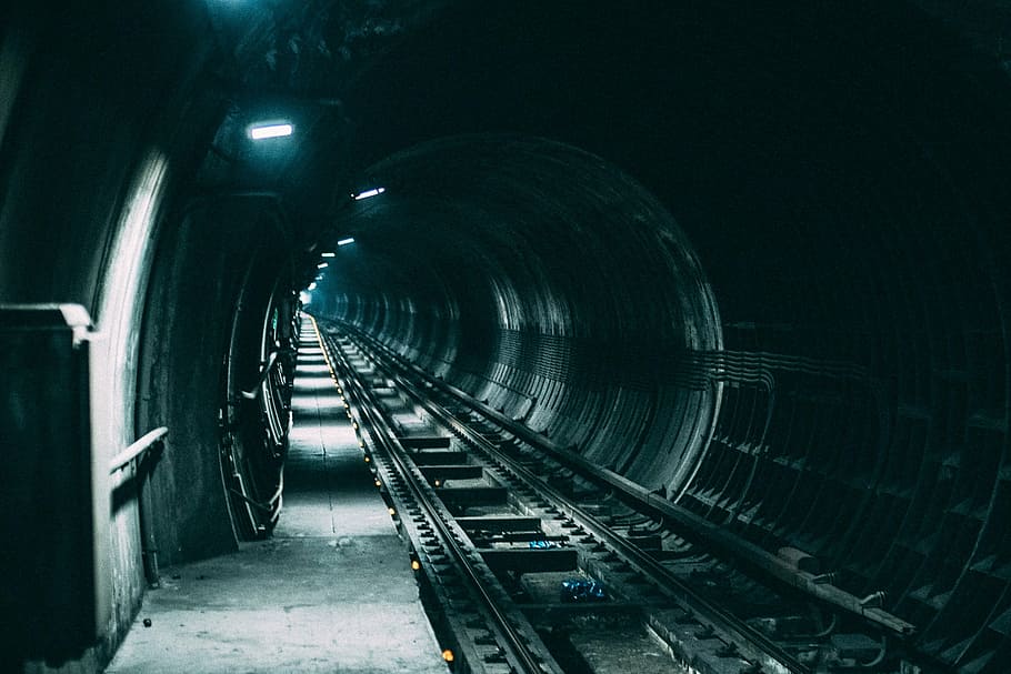 train tunnel with white LED lights, dark, railroad, railway HD wallpaper