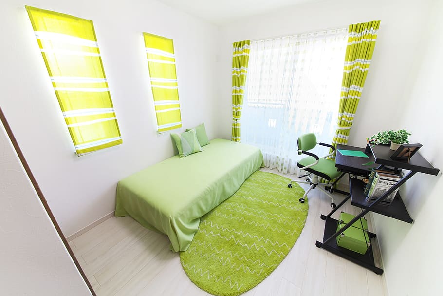 green bedding set near white wall, housing, home, completion
