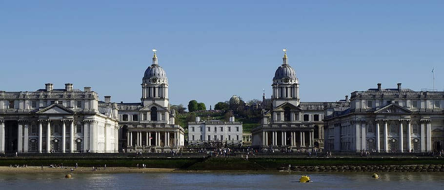 white and black concrete building near river, greenwich, old royal naval college