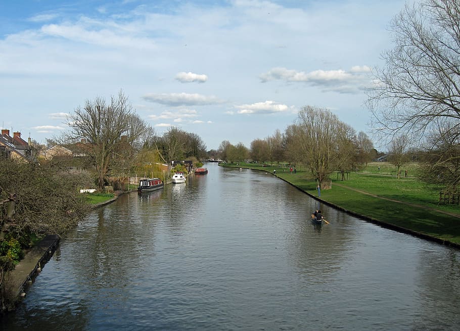 River, Trees, Boats, Clouds, Spring, sky, summer, beautiful HD wallpaper