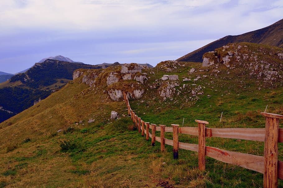 fence, wood, mountain, sky, architecture, landscape, nature HD wallpaper