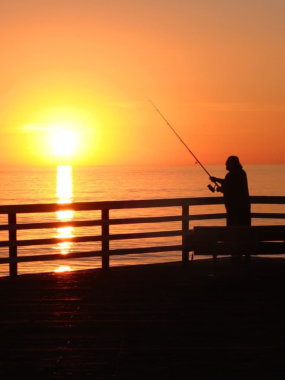 sunset, fischer, sea, fishing Rod, nature, outdoors, fisherman HD wallpaper