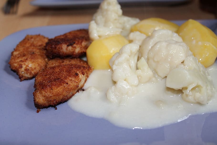 schnitzel, cauliflower vegetable, breaded, meat, potatoes, cook HD wallpaper