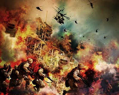 soldier holding rifles poster, war, soldiers, warrior, explosion HD wallpaper