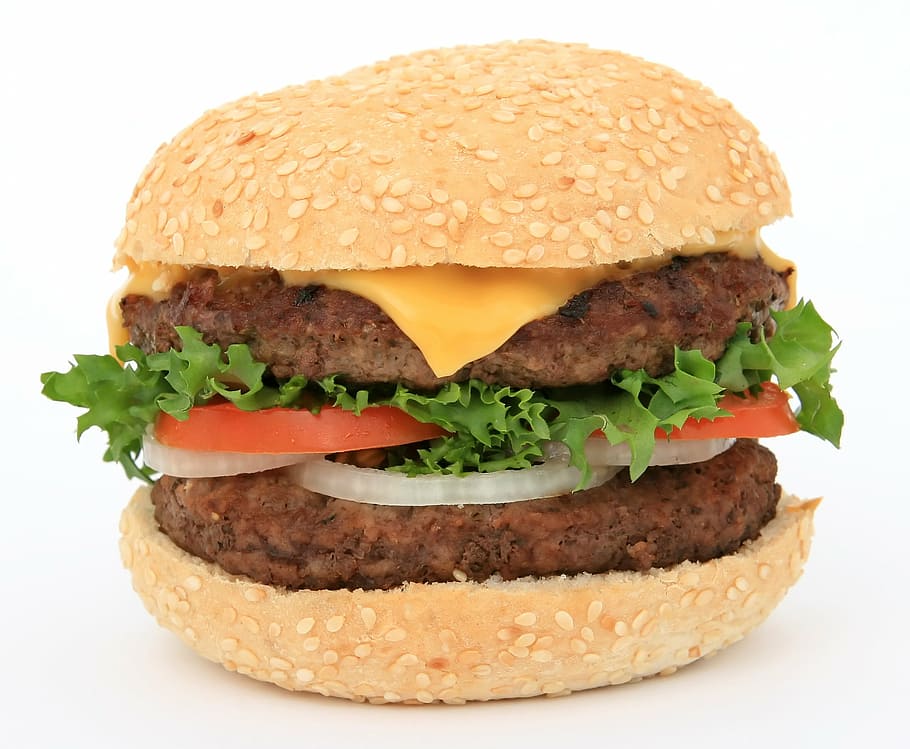 double burger patty, tomato, lettuce, onions, cheese with sesame seeds bun, HD wallpaper