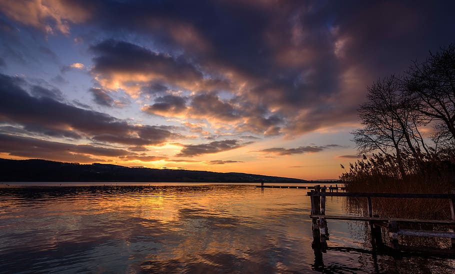 silhouette of body of water, sunset, waters, dusk, dawn, nature HD wallpaper