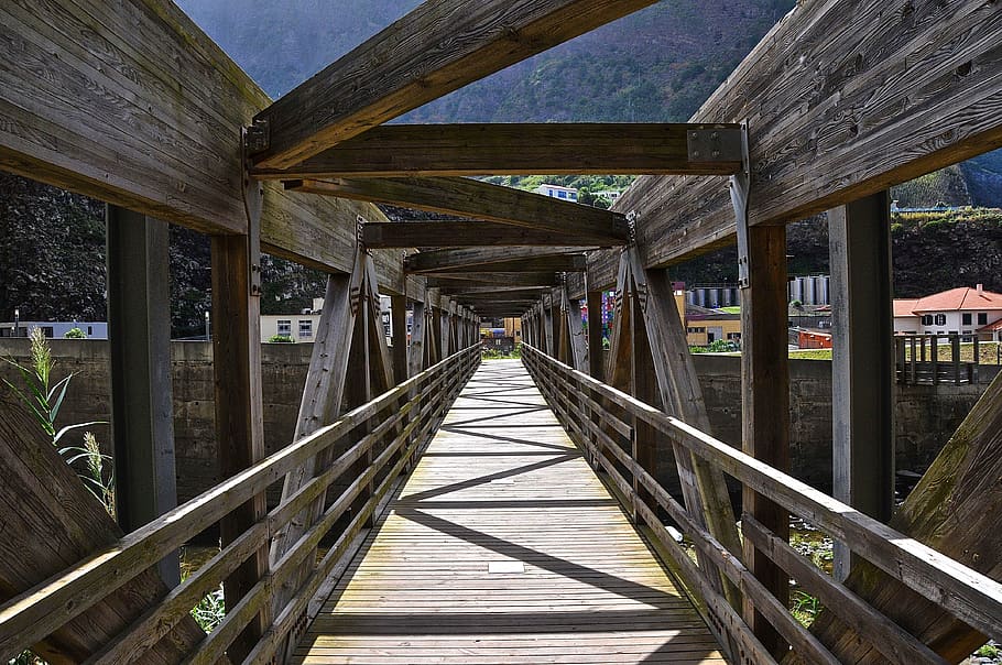 bridge, perspective, vanishing point, hall, built structure HD wallpaper