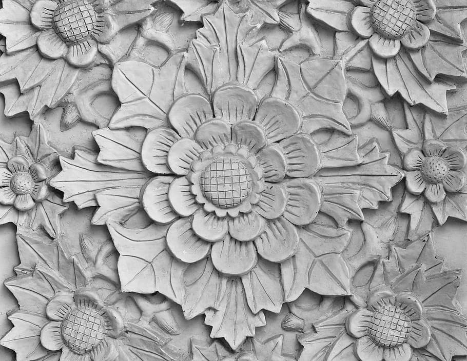 grey concrete floral sculpted surface closeup photography, pattern HD wallpaper