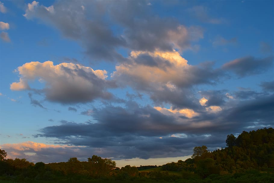 clouds, sky, sunset, field, nature, landscape, rural, meadow HD wallpaper